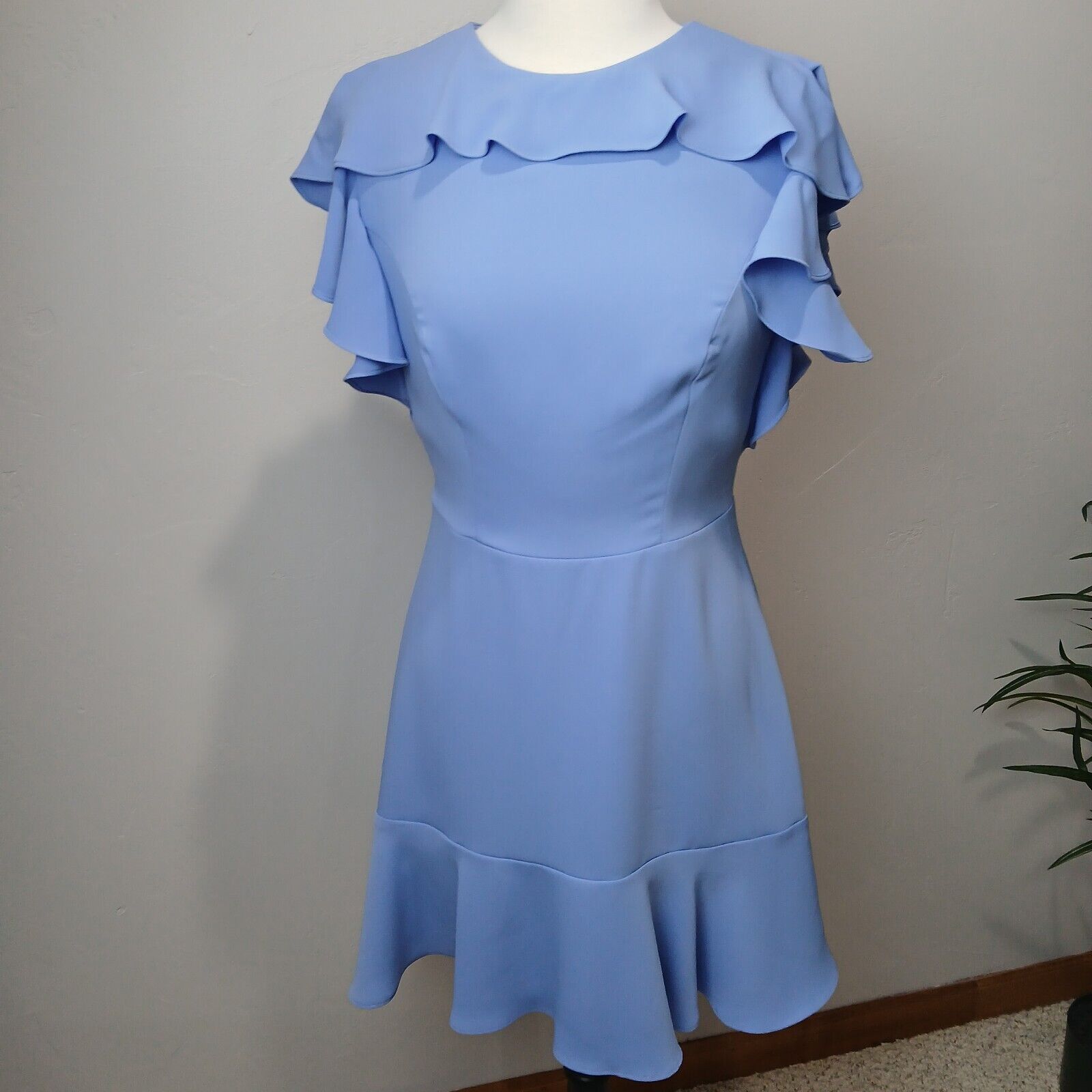 Amanda Uprichard Emery Dress Medium Chambray Blue Ruffle Mini Flounce 20432